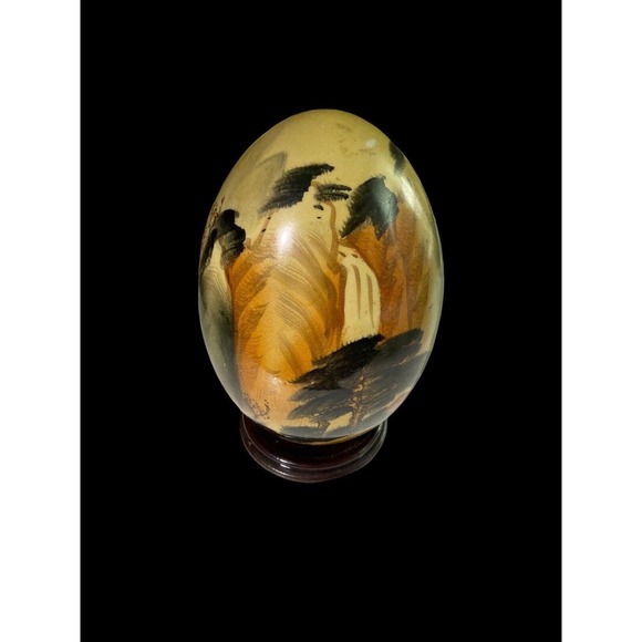 Asian Art & Stone Blue Eggs Hand Painted Waterfall Forest & Fisherman WithStands - Picture 12 of 13